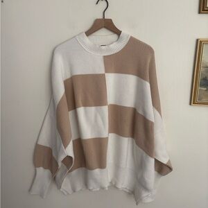 Free People Easy Street Cream Tan Checkerboard Knit Sweater Women’s Medium EUC